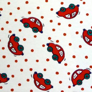 Fabric swatch with red cars on a white background