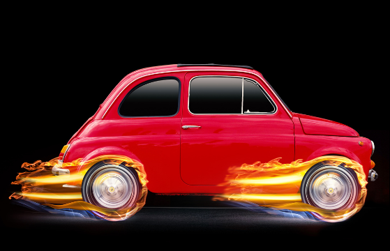 Fiat 500 car driving with fire coming off the wheels
