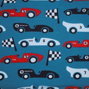 Fabric swatch with retro race car design
