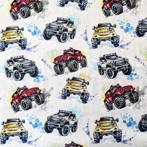 Fabric swatch with a monster truck design